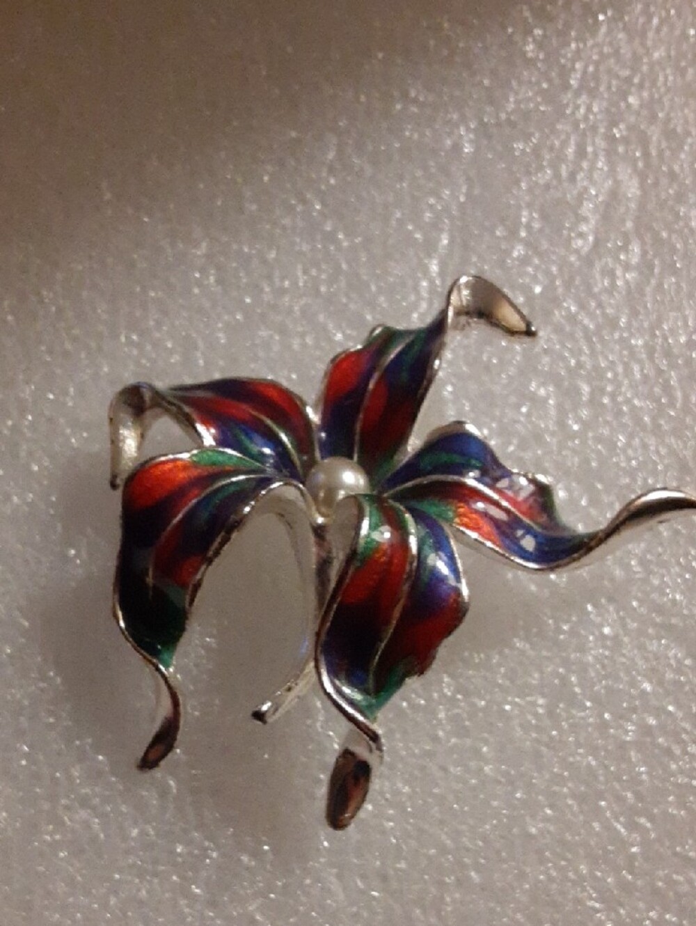 Vintage Floral Enamel Brooch with Pearl Center